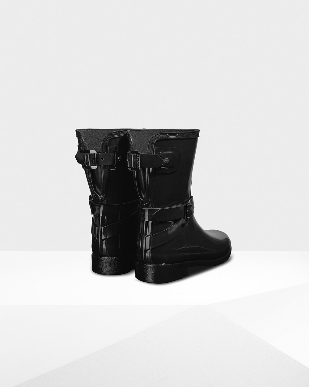 Womens Short Rain Boots - Hunter Refined Slim Fit Adjustable Gloss (31CJGLHUW) - Black